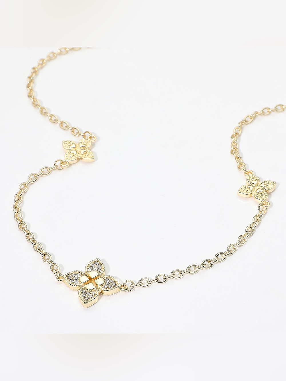 14K Gold Plated CZ Pave Floral Motif Station Long Necklace